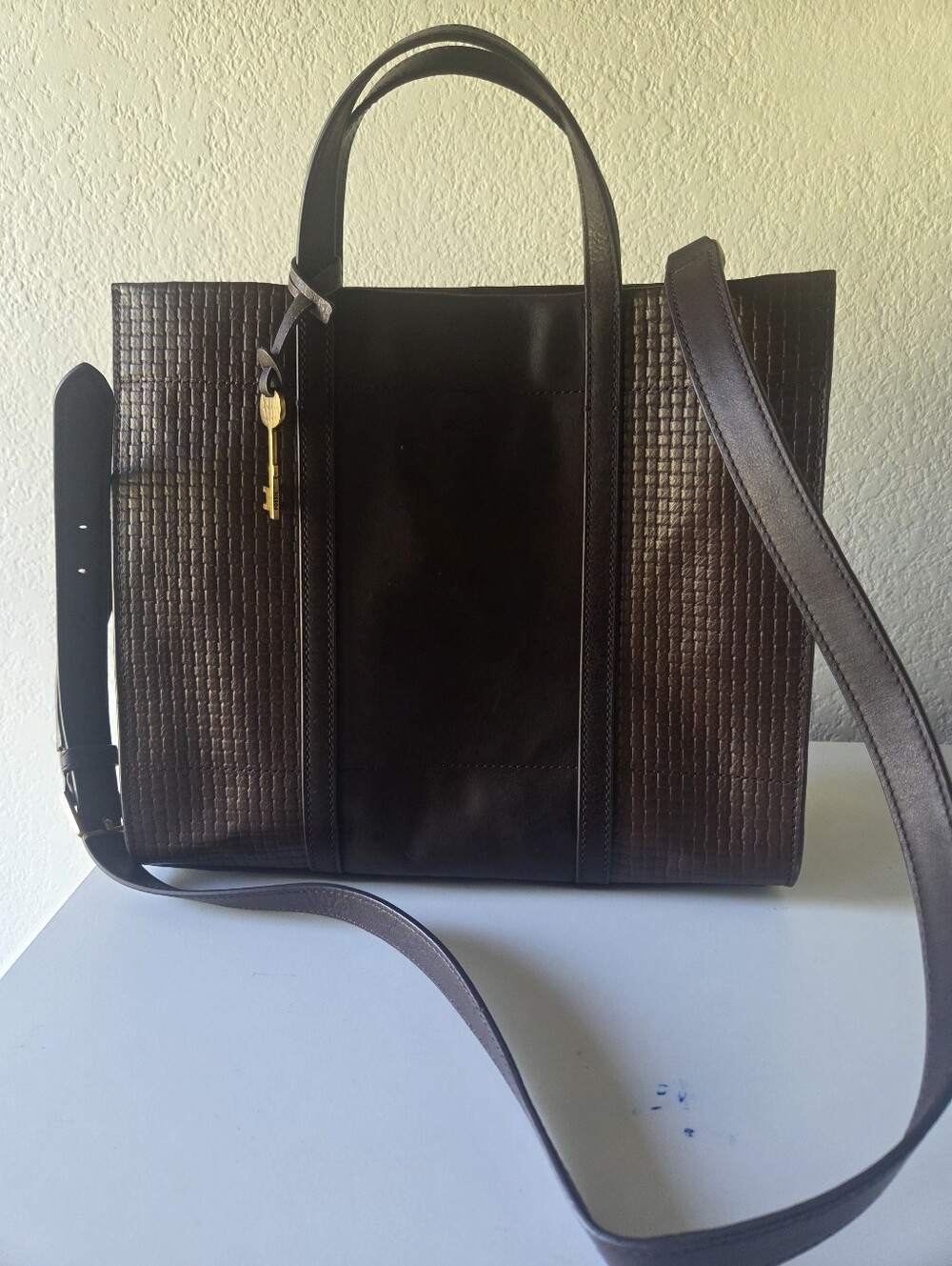 FOSSIL Dark Brown Leather Tote with Woven Side Panels